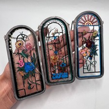 Vintage Stained Glass Suncatcher Set Hand Painted Floral Hanging Panels Decor