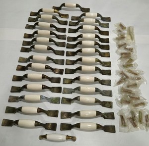 28 Vintage porcelain and brass drawer pull cabinet handles hardware 5"