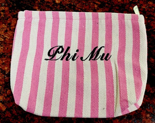 Phi Mu college sorority embroidered 10” zipper bag cosmetic pink white striped - Picture 3 of 7