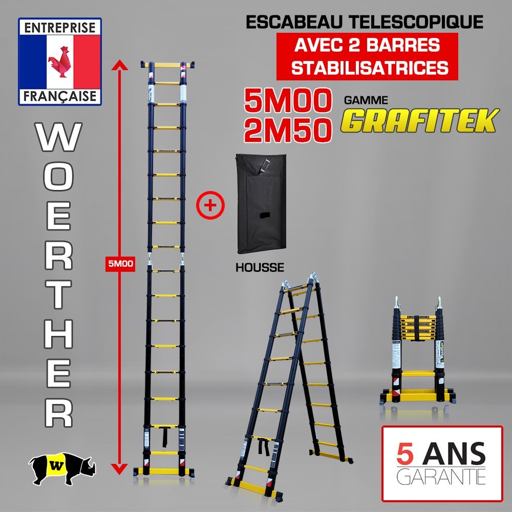 Échelle télescopique 5m Woerther en aluminium anodisé premium