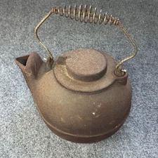 Antique Primitive Cast Iron Kettle Fireplace Decor Wire Handle Water Kettle
