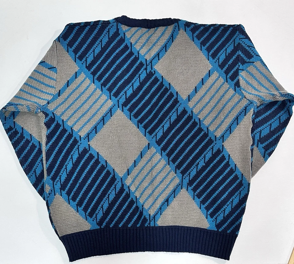 Vintage Sir William Sweater Mens XL Tall Blue /Gray Cardigan Geometric Knit 90s - Image 3 of 4
