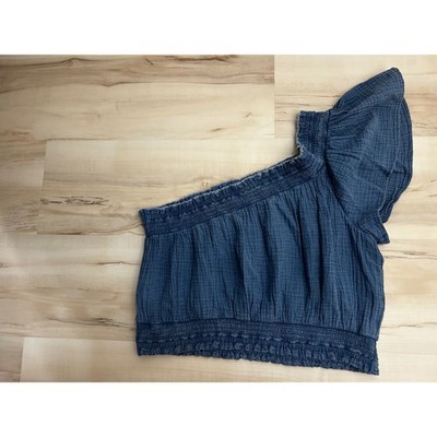 Aeri NWT Women's Asymmetrical One Sleeve Top XXL Blue Textured Cotton Gauze Crop
