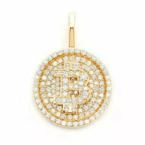 Colgante Bitcoin Con Cadena 2 CT Corte Redondo VVS1 Diamante Acabado Oro Amarillo 14K Foto 2 de 3