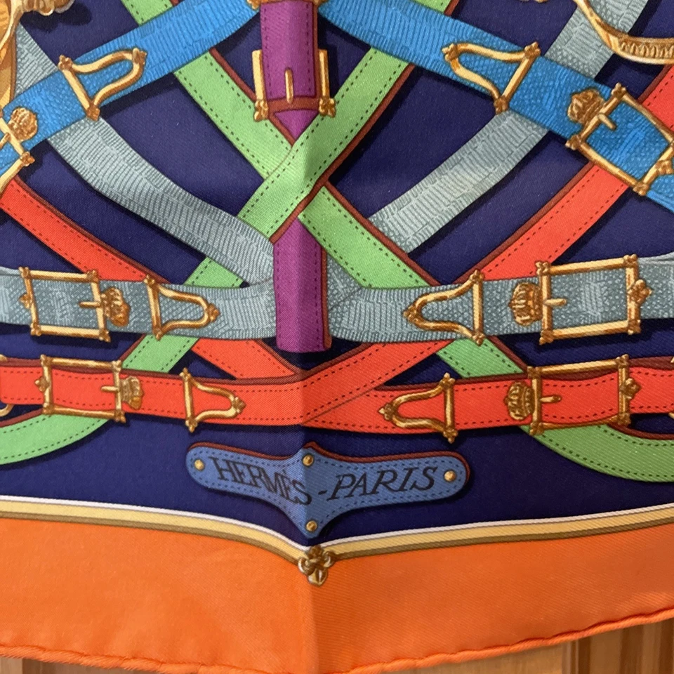 Hermes Scarf 40 Cavalcadour Orange / Navy Blue Bridles & Reins 100% Silk.  - Image 3 of 4