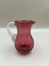 Vintage Cranberry Glass Mini Pitcher Vase Creamer Hand Blown w/ Clear Handle