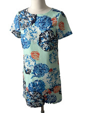 J Crew Gallery 6 Shift Dress Aqua Floral Print Short Sleeve Lined Vacation