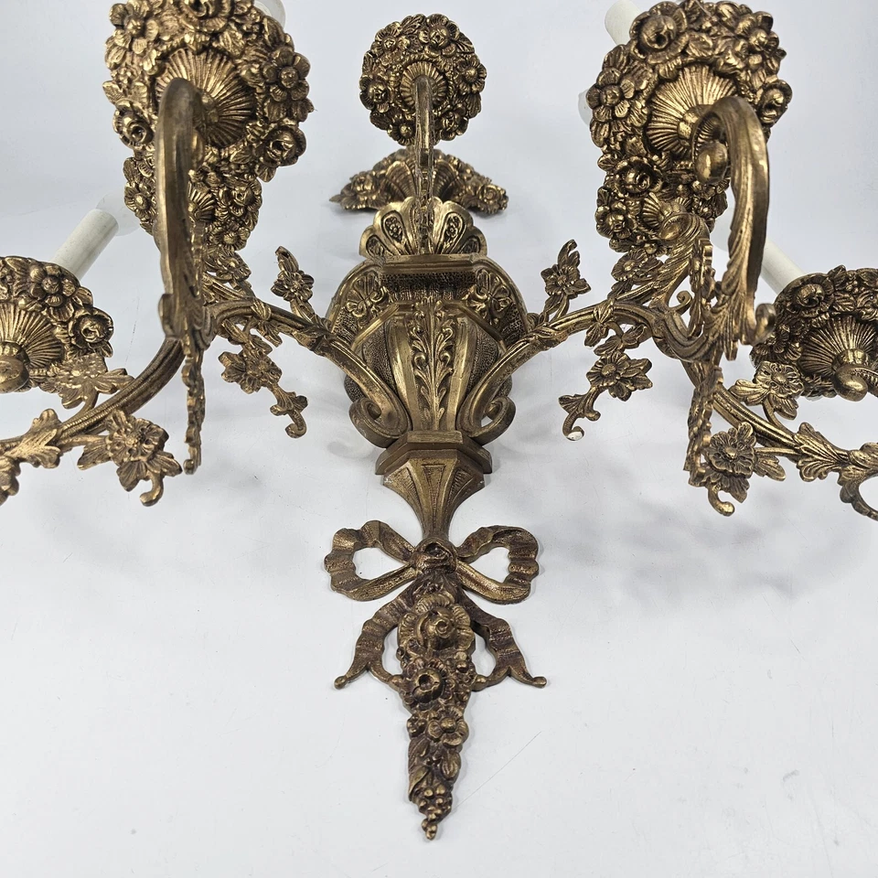 Aplique eléctrico de pared de bronce macizo/latón de 30" ornamentado vintage par de apliques de 7 brazos Foto 3 de 4