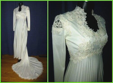 Vtg 70s Ivory Jersey Lace Pleats Renaissance Prairie Maxi Wedding Dress GOWN