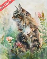 Quadro acquerello Maine Coon gatto in giardino stampa 8x10