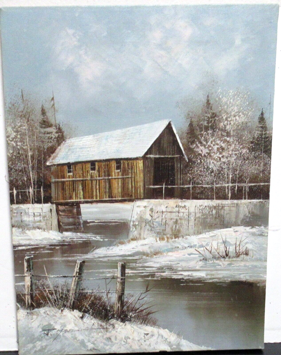 J.medina 油絵 Vintage Original Oil Painting by Artist J. Medina Snowy Mountains