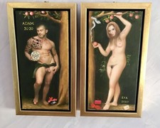 „Adam & Eva 2020“ , 2 Ölgemälde  auf Leinwand, gerahmt, Adam mit Fußball, Eva m