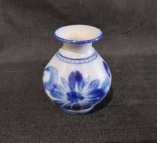 Vintage German Handarbeit Salt Glazed Stoneware Vase Blue Cobalt Flowers 100/8