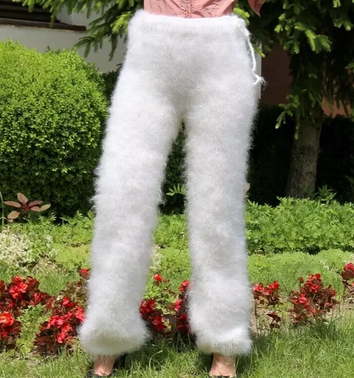 SUPERTANYA fuzzy white mohair pants handmade fluffy mohair trousers leg  warmers