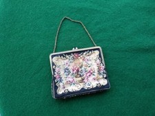 Vintage Antique Needlepoint Evening Purse Floral Brass Chain Handbag Victorian