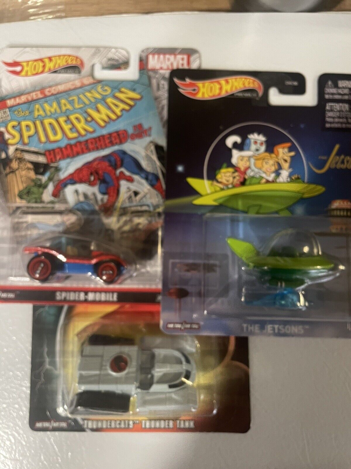 Hot Wheels• Lot Of 3•  Thunder Cats  The Jetsons Spider-Man• Premium