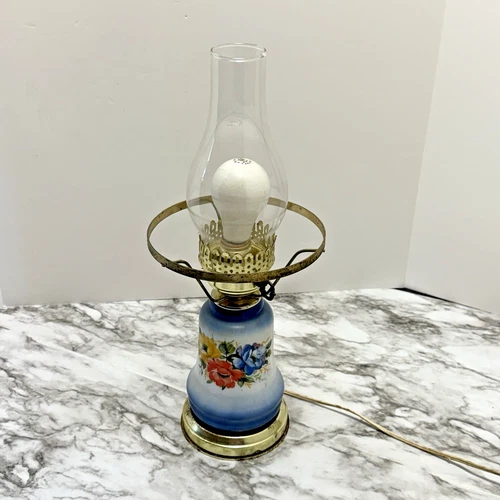 Vintage Blue Floral Hurricane Lamp Milk Glass Underwriters Laboratories E-6158