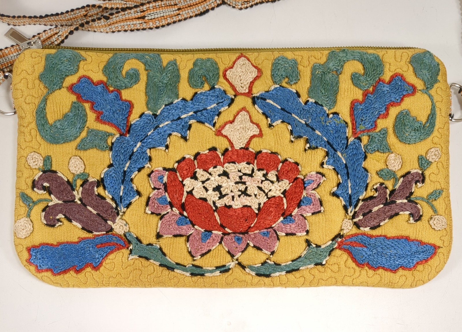 Wool Floral Embroidered Crossbody Hip Bag Vibrant Multicolor On Gold