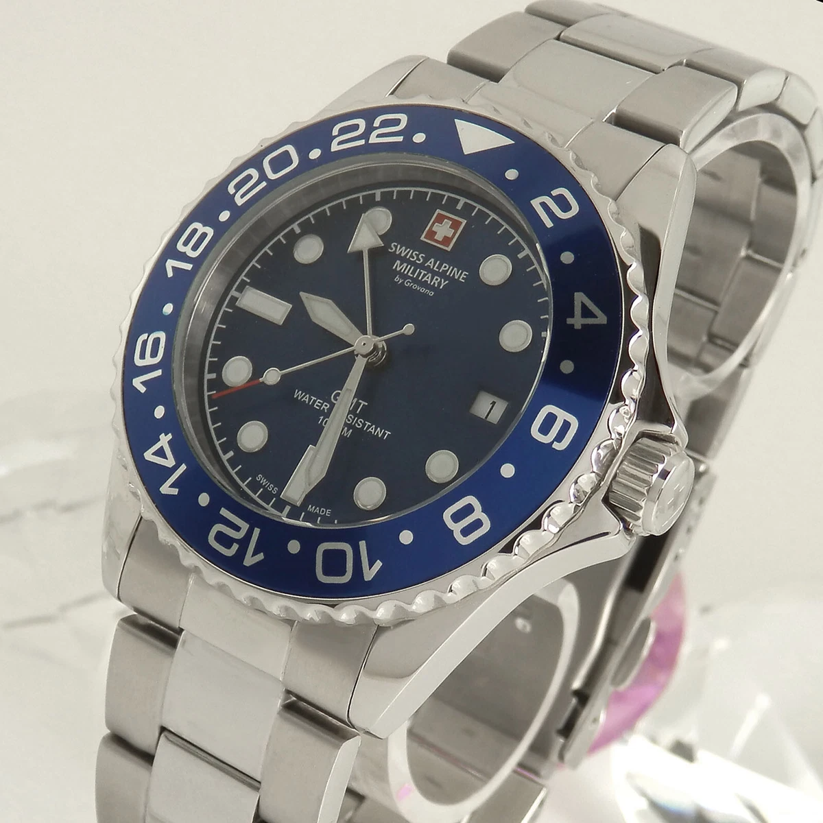 Swiss Alpine Military GMT Herrenuhr Edelstahl Quarz blaue Lünette 