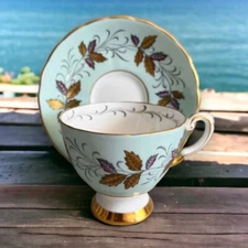 Vintage Tuscan Bone China Robins Egg Blue With Gold and Purple Leaves