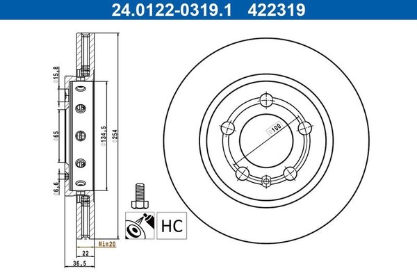 2X ATE 24.0122-0319.1 Bremsscheibe Hinten L/R Passt Zu: VW Polo V 1.0-2.0 05.11--image