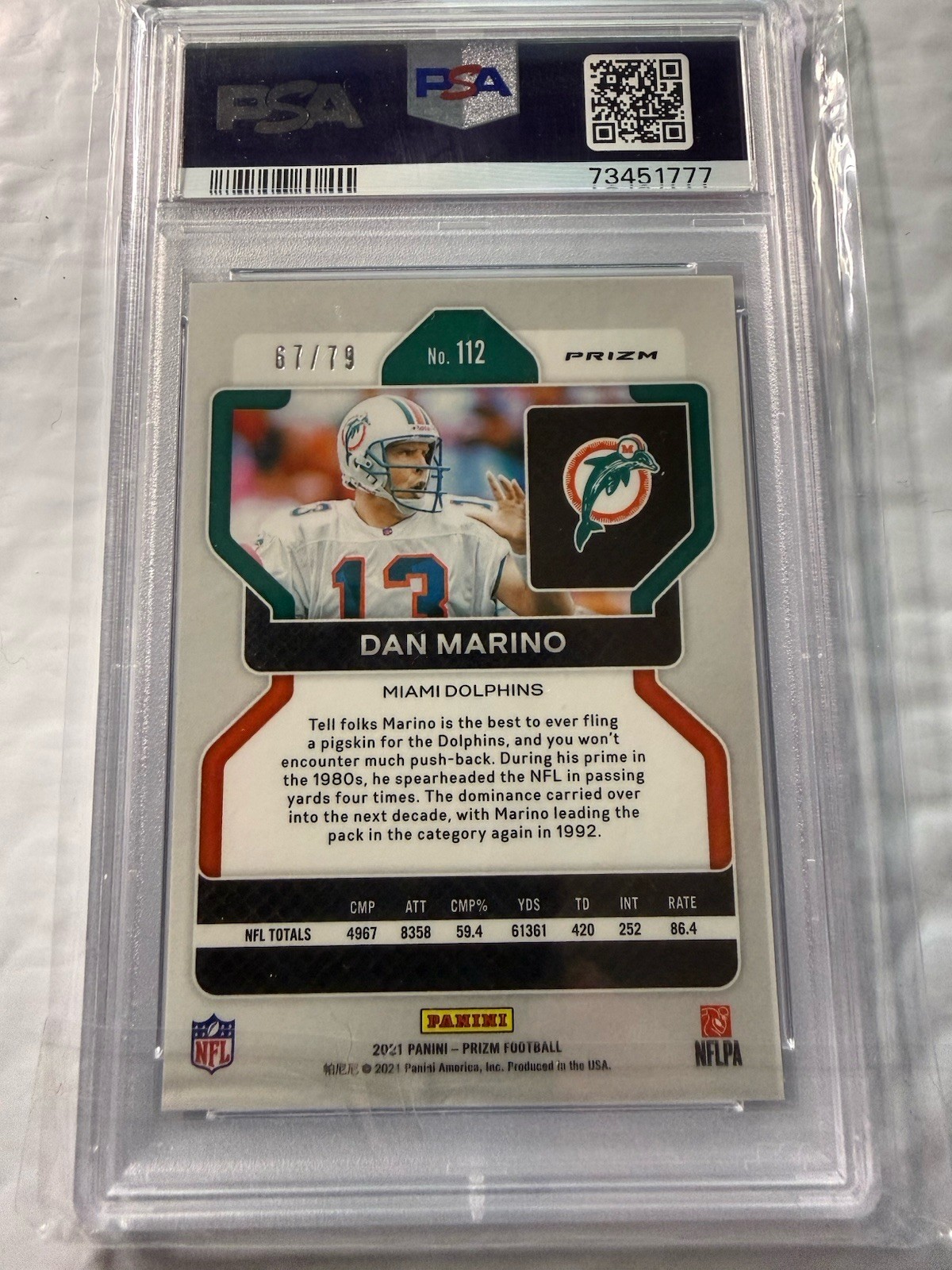 2021 Prizm Dan Marino No Huddle Blue /79 #112 PSA 10 view 3