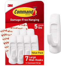 5 lb Large Utility Hooks, 7 Hooks and 12 Strips, Damage-Free Hanging Wall Hook w 1.64 per strip