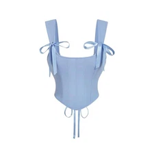 Sky Blue Soft Corset Top Square Neck Bow Tie Strap Lace Up Back Size XS