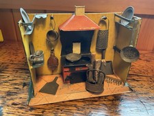 Wonderful Miniature Antique Tin Kitchen With Accessories