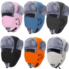 Winter Aviator Ear Flap Hat with Mask Faux Fur Waterproof Windproof Snow Ski Hat