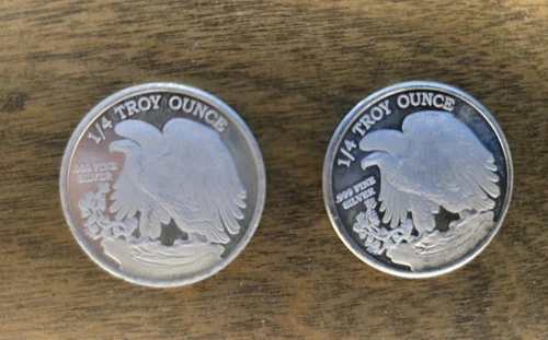 2 Liberty 1/4 Troy Ounce Coins. .999 Fine Silver.Lot of 2