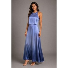 Lulus XS Slate Blue Satin Halter Maxi Dress Popover Bodice Formal Evening Gown