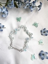 Handmade beaded Light Aqua Blue flower bracelet women, gift for her