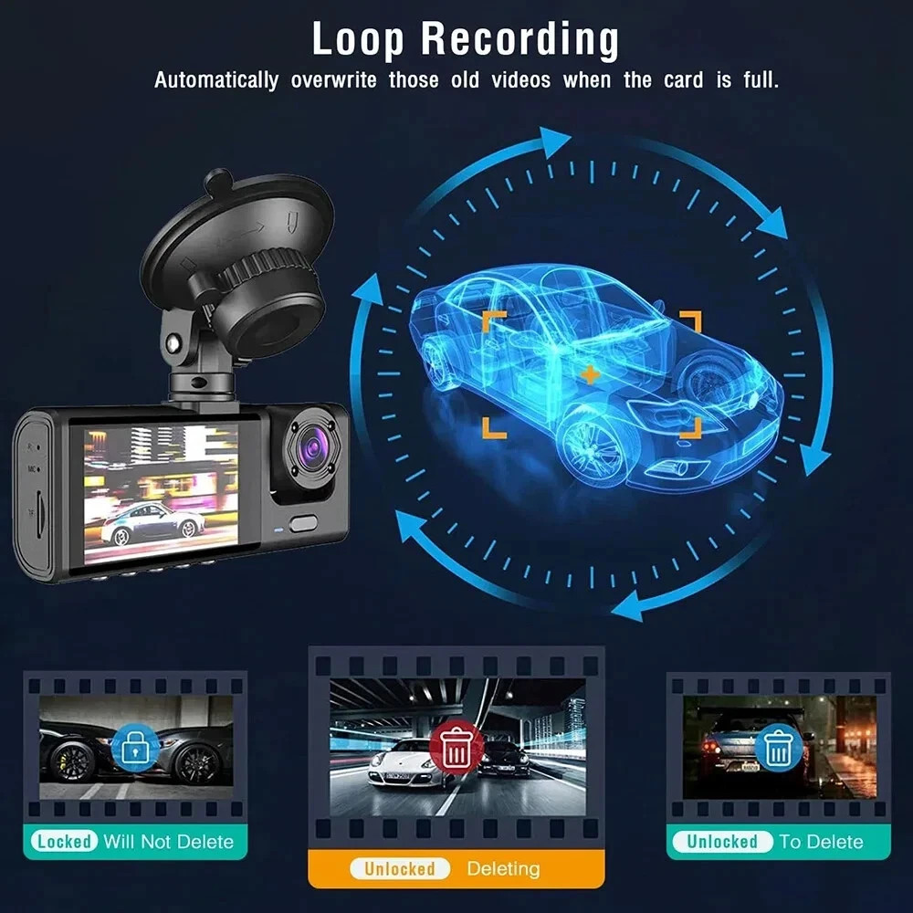 Dashcam per Auto Telecamera Full HD Dvr Car Video Camera 1080p Retromarcia 3 Cam - Miniatura 6