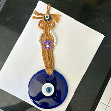 Blue  White Glass Evil Eye Wall Hanging Ornament Vertical Braided Cord Tassel