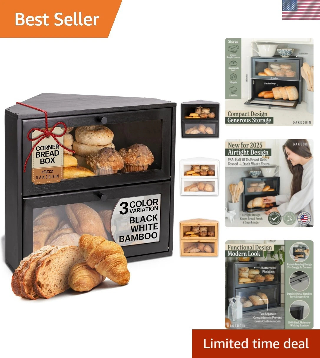 Corner Bread Box for Kitchen Countertop - New 2026 Airtight Design - Extra La...
Opens in a new wind