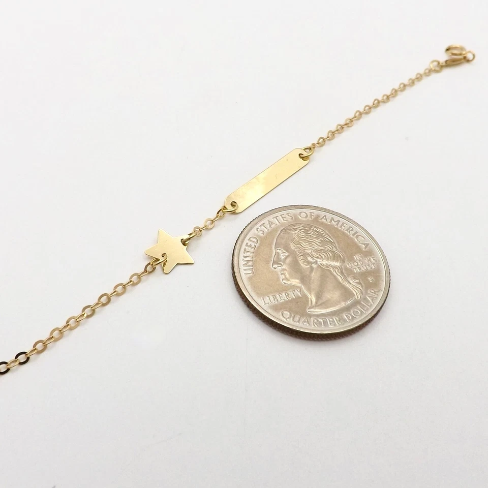 Solid 18k Gold Id Nameplate Bracelet Star Cable Link Child Italy 750 5in New - Image 2 of 4