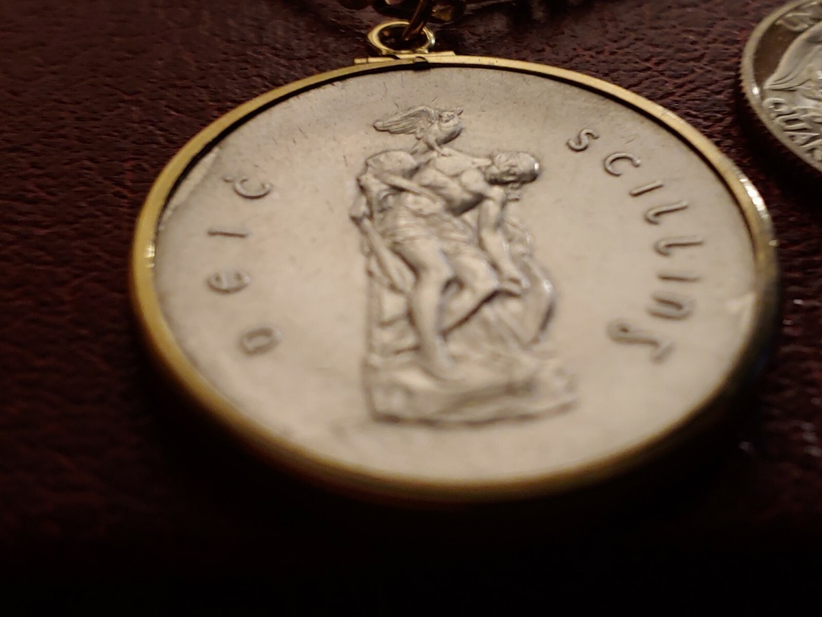 Ciondolo Antico Irlandese Con Moneta D'argento 835 E Catena In Oro 18KGF - Lunghezza 24 Pollici
