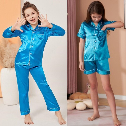 UK Boys Girls Silk Pyjamas Nightwear Top Pants Pjs Satin Sleepwear Outfits Kids - Picture 21 of 29