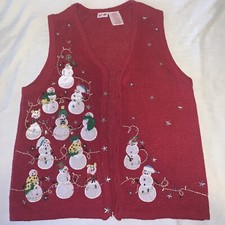 Red Snowman Vintage Vest  Ugly Christmas Sweater  Small Star Buttons