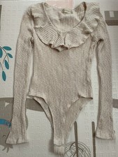 Altar d State Beige Wide Neck Collared Ribbed Long Sleeve Body Suit Small