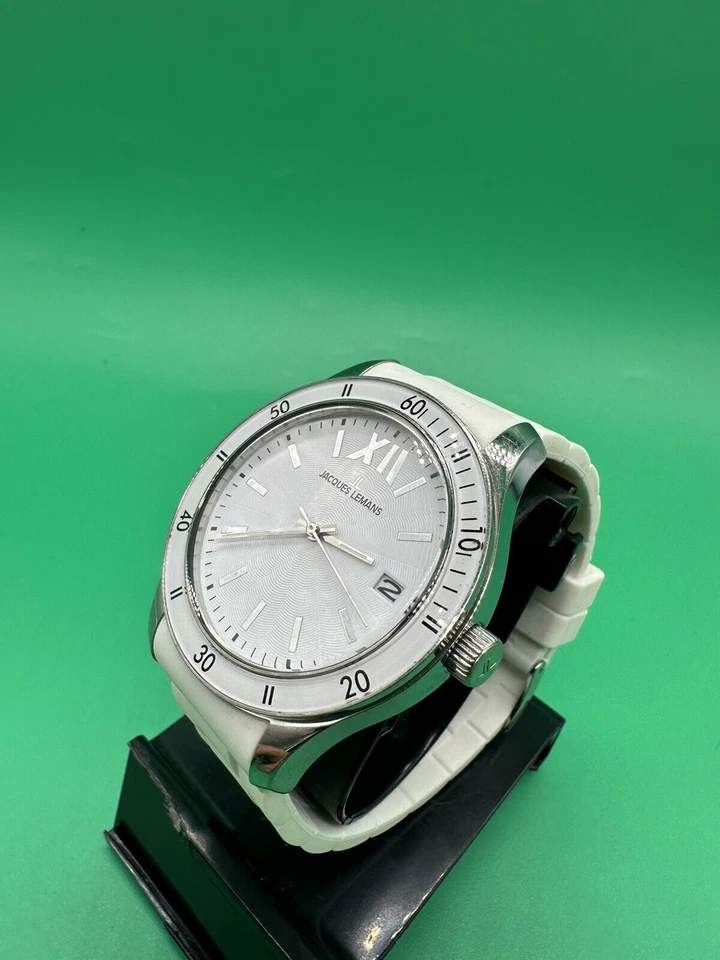 Reloj Pulsera Jacques Lemans Unisex Roma Deportivo 1-1622 Correa Silicona Blanca COMO NUEVO Foto 3 de 4