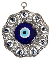 Turkish Glass Blue Evil Eye Wall Hanging Ornament - Metal Home Decor - Turkis...