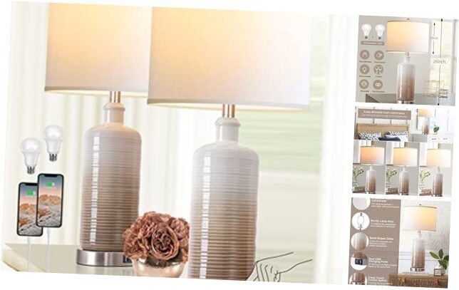 Ceramic Table Lamps Set of 2 with Dual USB Charging Ports, 3-way Multicolor