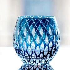 Crystal Edo Kiriko Dark Blue Whisky Glasses Tumbler Handmade Drinking Glass 12oz