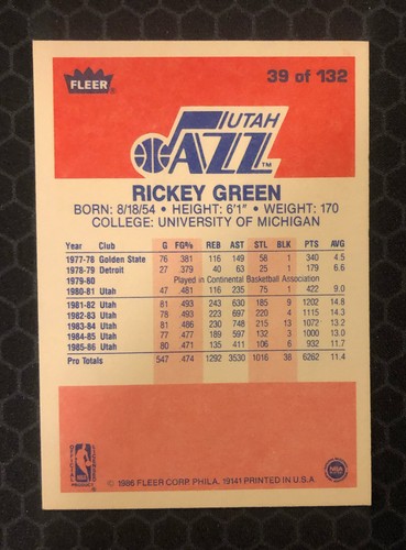 π 1986 Fleer Basketball #39 - Rickey Green - Utah Jazz - SET BREAK π - Picture 3 of 3