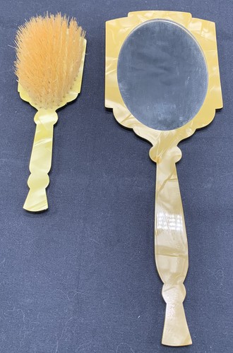 Hand Held Mirror & Brush Set Beveled Pearlized Embossed Amber Vanity Dresser - Afbeelding 2 van 12