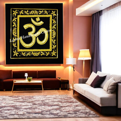 24'' Handcrafted Zardozi Wall Carpet Om Symbol Embroidery Jewel Carpet Wall Panel