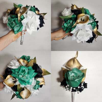 Emerald Green Black Gold White Rose Calla Lily Bridal Wedding Bouquet Accessorie