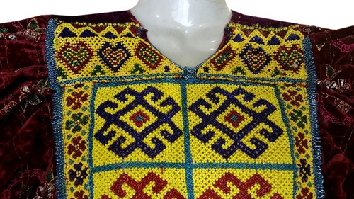Afghan Pashtun Singer Handmade Vintage Clothes Gypsy Ethnic Maroon Color Frock - Picture 4 of 16